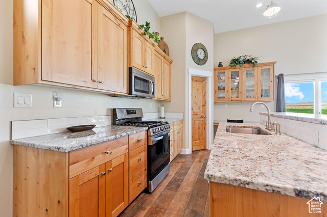 19502 South Olson Road Downey, ID 83234 - Photo 15 of 64 Kitchen featuring stainless steel appliances, light stone countertops, and dark wood-type flooring
