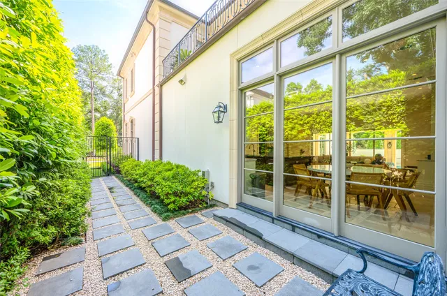 a view of a garden with a chair