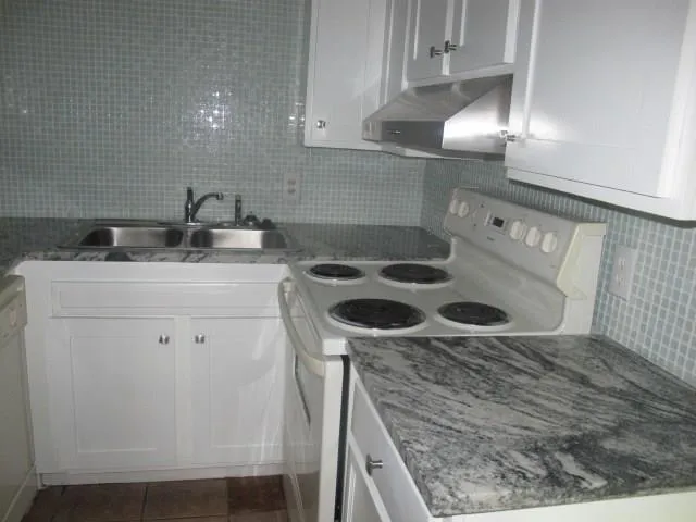 a kitchen with a sink a stove and cabinets