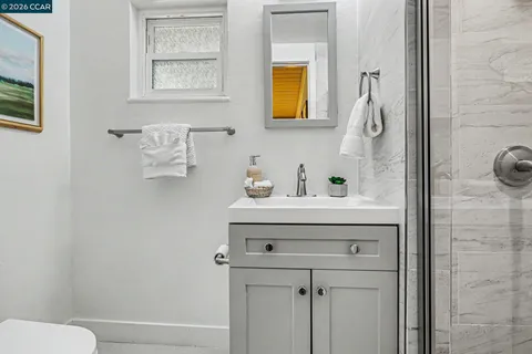 a bathroom with a sink mirror vanity and toilet