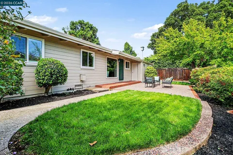a view of a backyard with sitting area