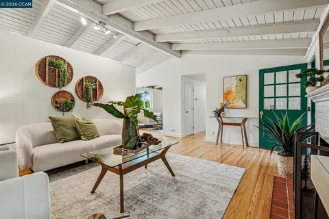 a living room with furniture and a potted plant