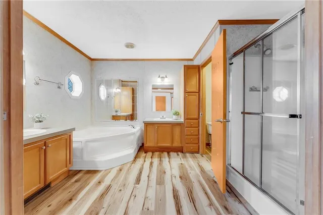 a bathroom with a granite countertop sink mirror and a bathtub