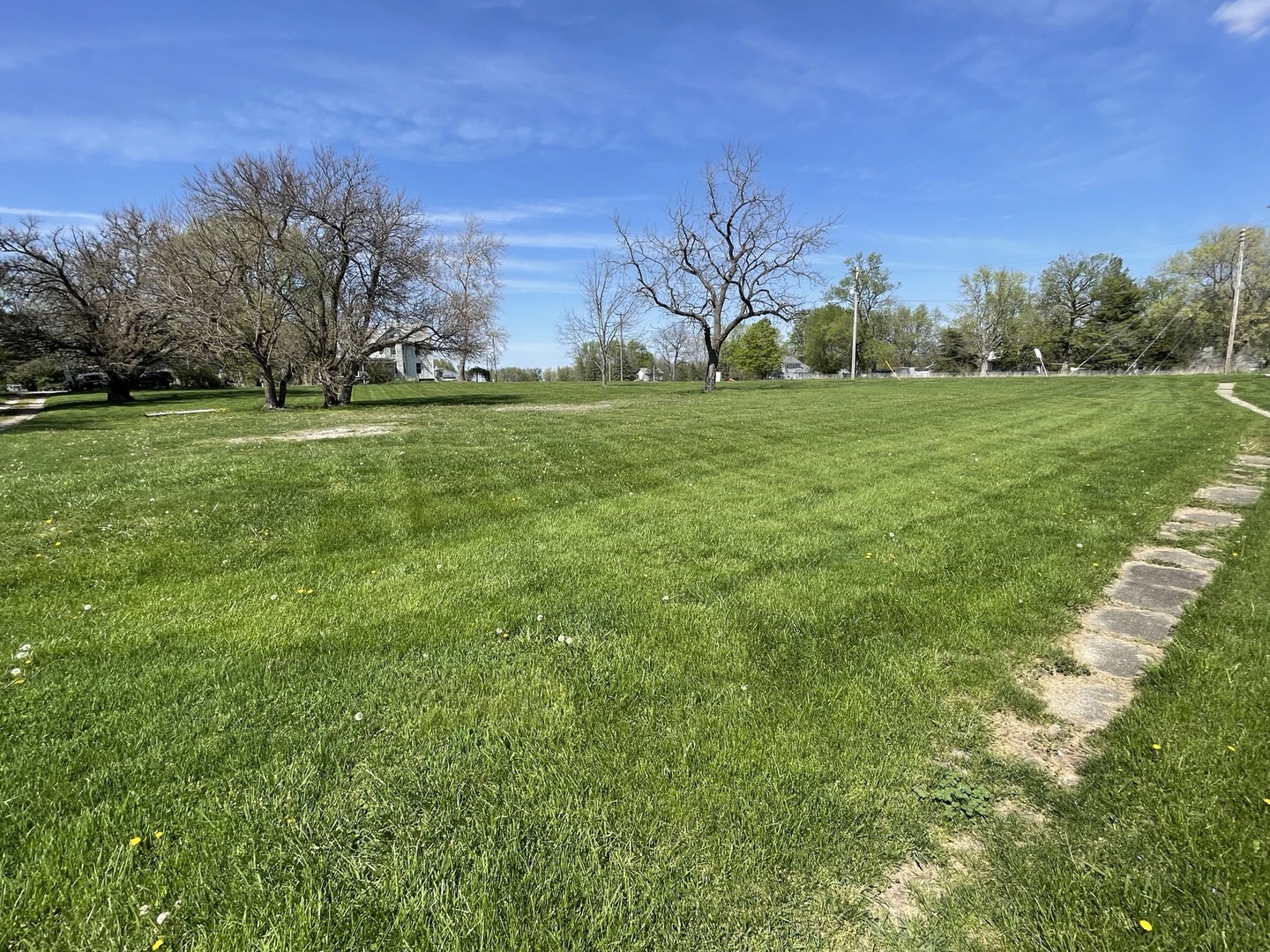 a view of grassy field with benches
