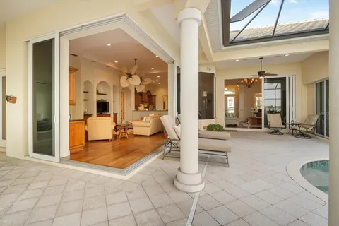 an aerial view of a house with a garden
