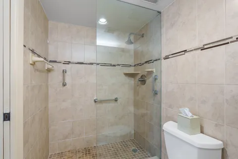 a bathroom with a shower and toilet