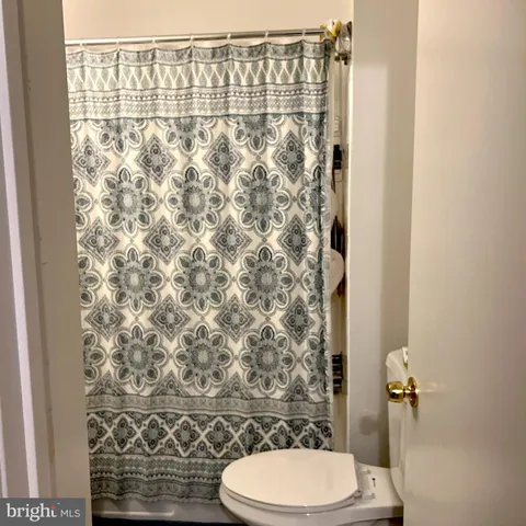 a bathroom with a toilet and a shower curtain
