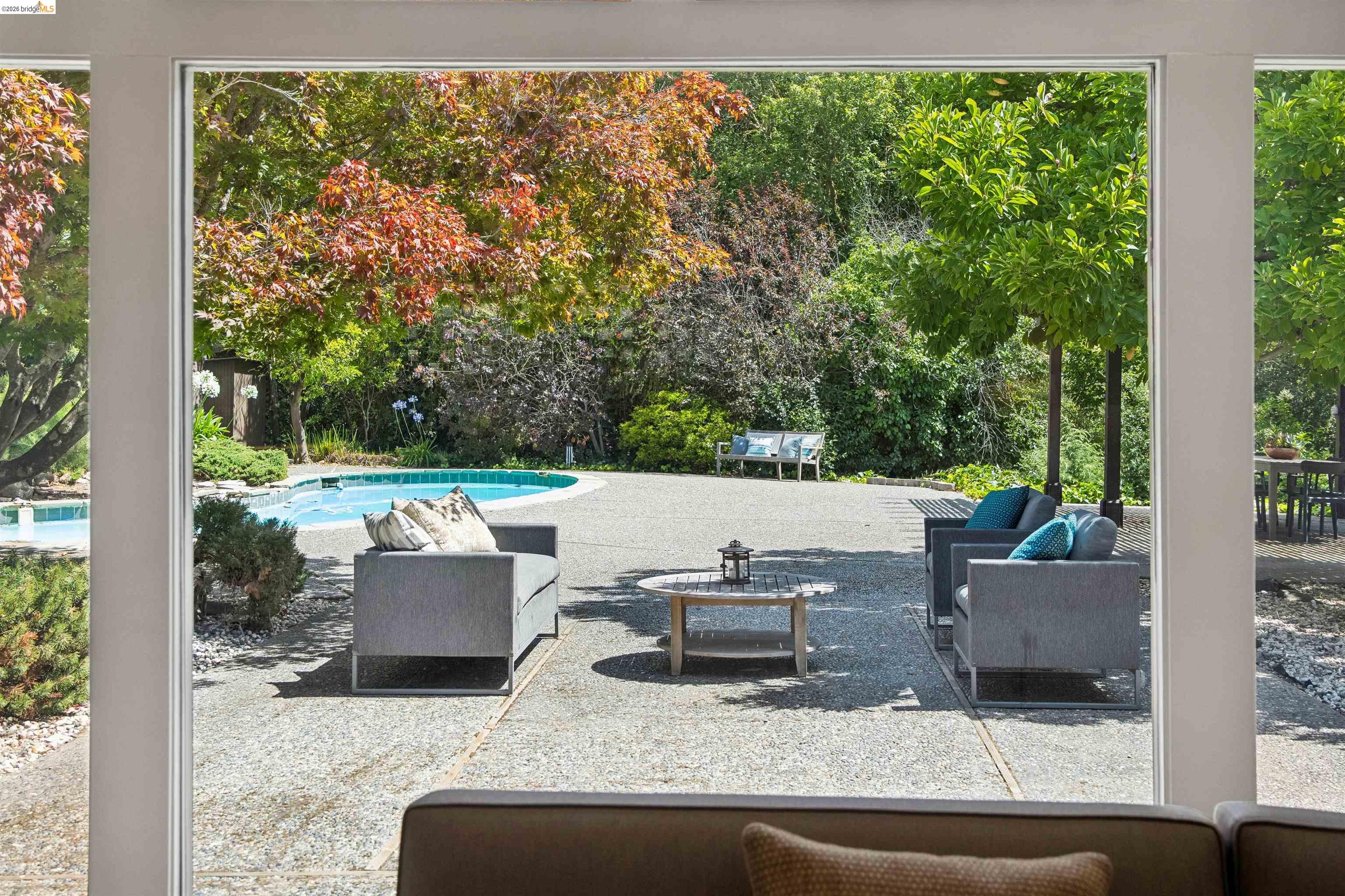 7 Jo Lin Court El Sobrante, CA 94803 - Photo 27 of 99 Expansive outdoor living area featuring a swimming pool, concrete patio, and mature trees