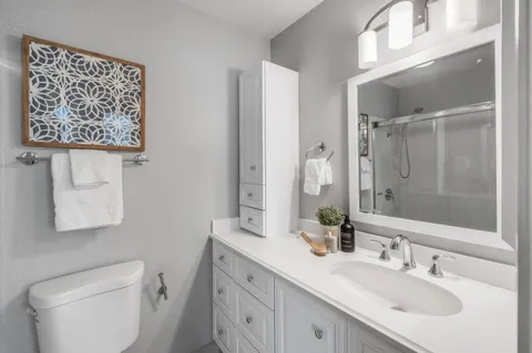 a bathroom with a toilet a sink a mirror a vanity and shower