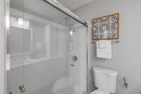 a bathroom with a shower and toilet