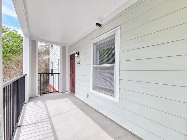 a view of a balcony from window