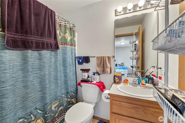 a bathroom with a sink vanity mirror and toilet