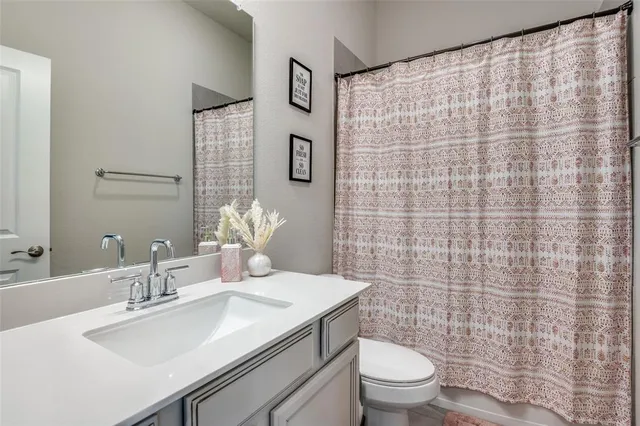 a bathroom with a sink a toilet and shower curtain