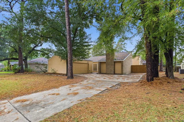 a tree is standing in front of a house with large trees