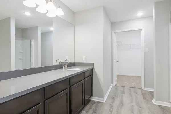 a bathroom with a sink a mirror and a shower