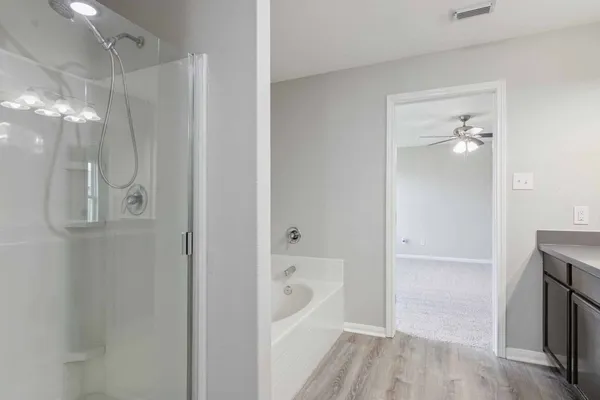 a bathroom with a bathtub and a shower