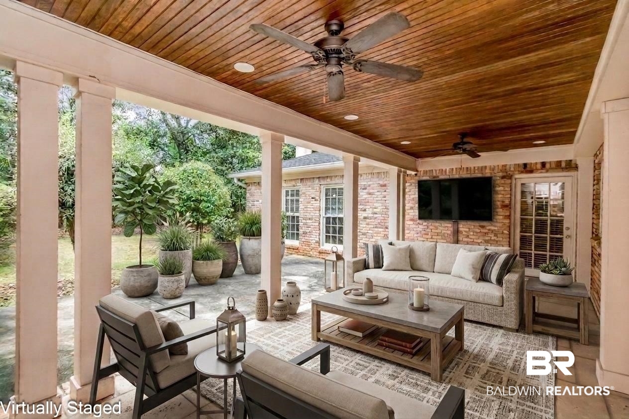4776 Falls Church Road Mobile, AL 36608 - Photo 31 of 45 Covered patio featuring a wood-paneled ceiling with recessed lighting and ceiling fans