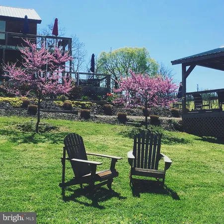 a garden view with a seating space