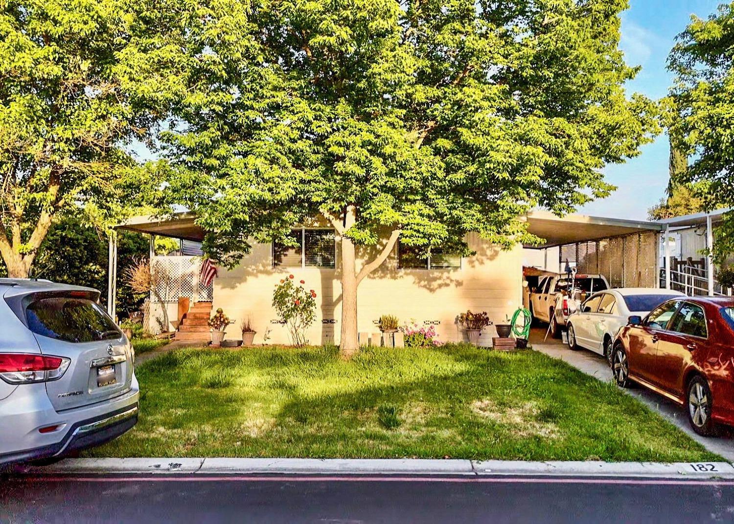a view of yard with car parked