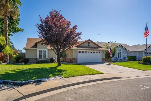 a front view of a house with a yard and garage