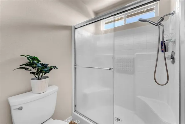 a bathroom with a shower and a toilet