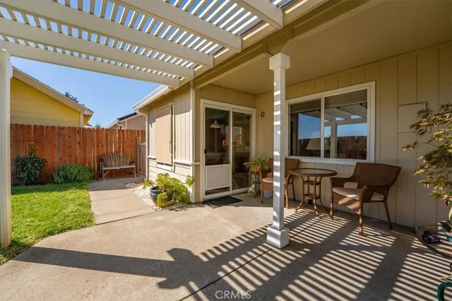 a garden view with a seating space