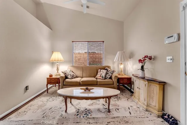 a living room with furniture a rug and a lamp