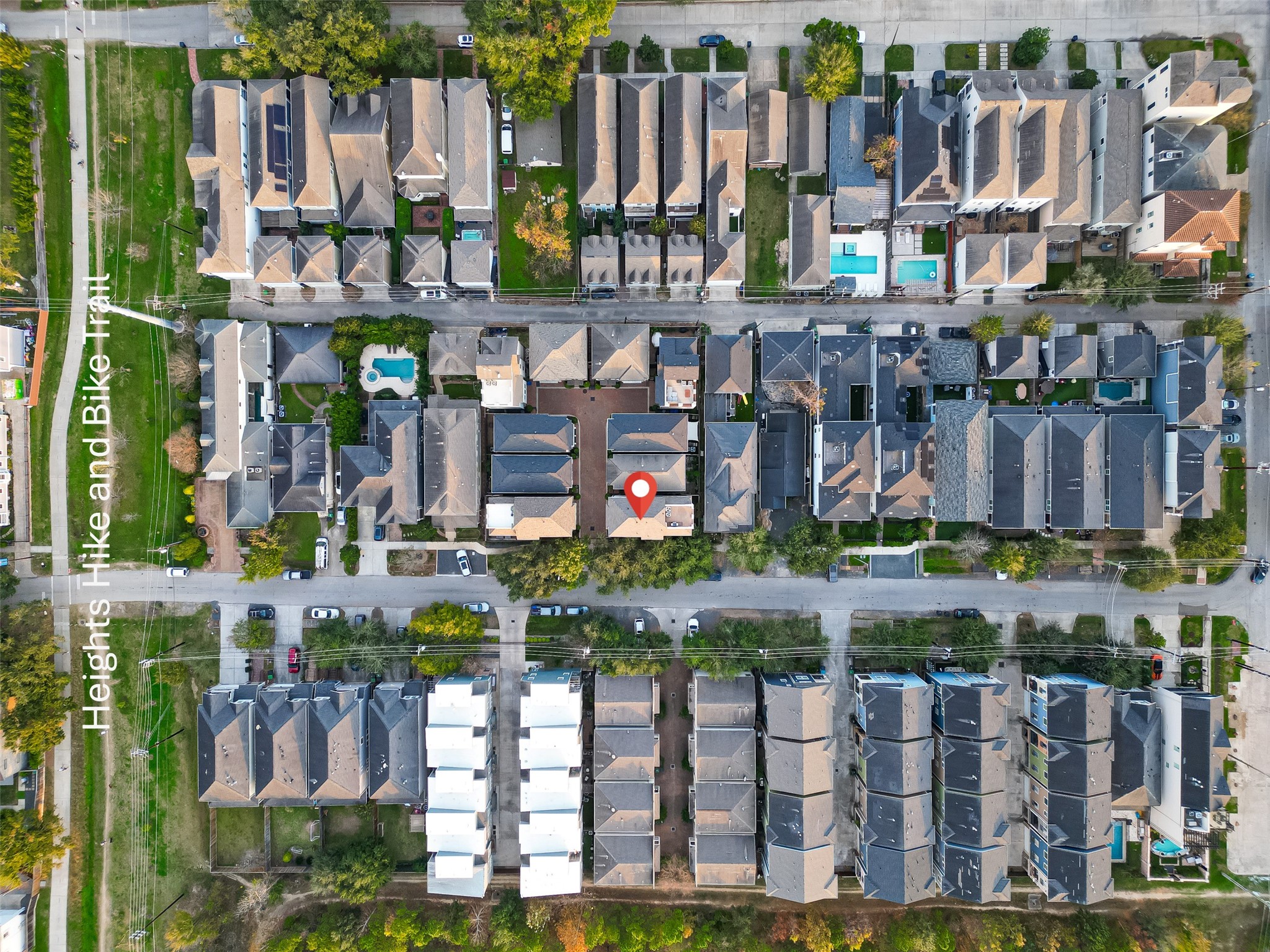 620 Rutland Street, Unit A Houston, TX 77007 - Photo 41 of 46 This aerial photo showcases a neat, residential area near the "Heights Hike and Bike Trail," adds recreational appeal.