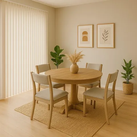 a dining room with furniture and front door