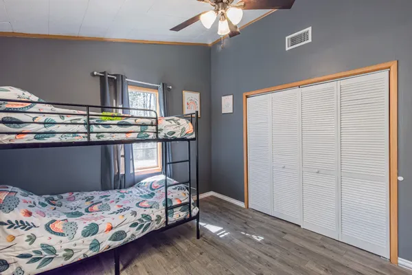 a view of a with large trees