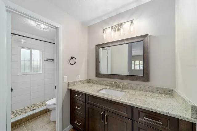 a bathroom with a granite countertop sink a toilet and a mirror