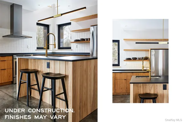 a kitchen with a table chairs refrigerator and sink