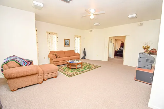 a living room with furniture a rug and a chandelier