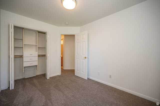 1799 West 1110th Street North Provo, UT 84604 - Photo 18 of 24 Room featuring grey carpeting, white baseboards, and a built-in closet organization system with shelving and drawers