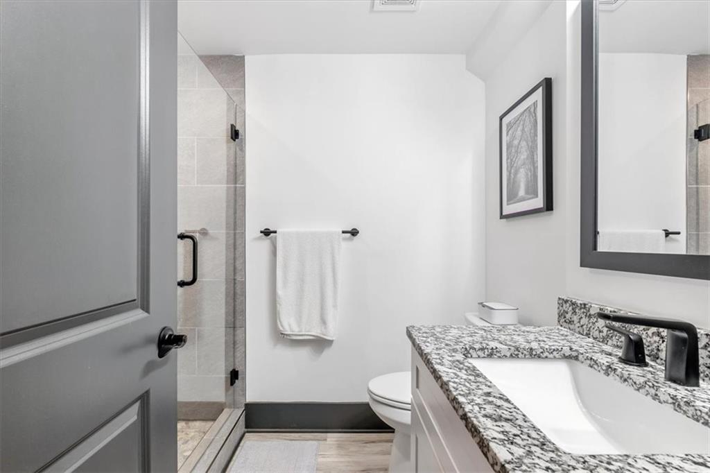 1379 Foxhound Trail Northeast Ranger, GA 30734 - Photo 34 of 42 a bathroom with a granite countertop sink a toilet and shower