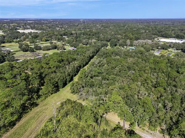 an aerial view of residential houses with outdoor space and trees