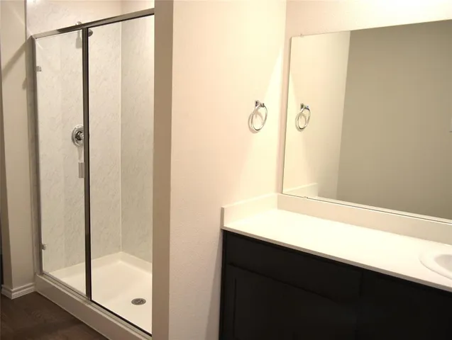 a bathroom with a shower and a sink