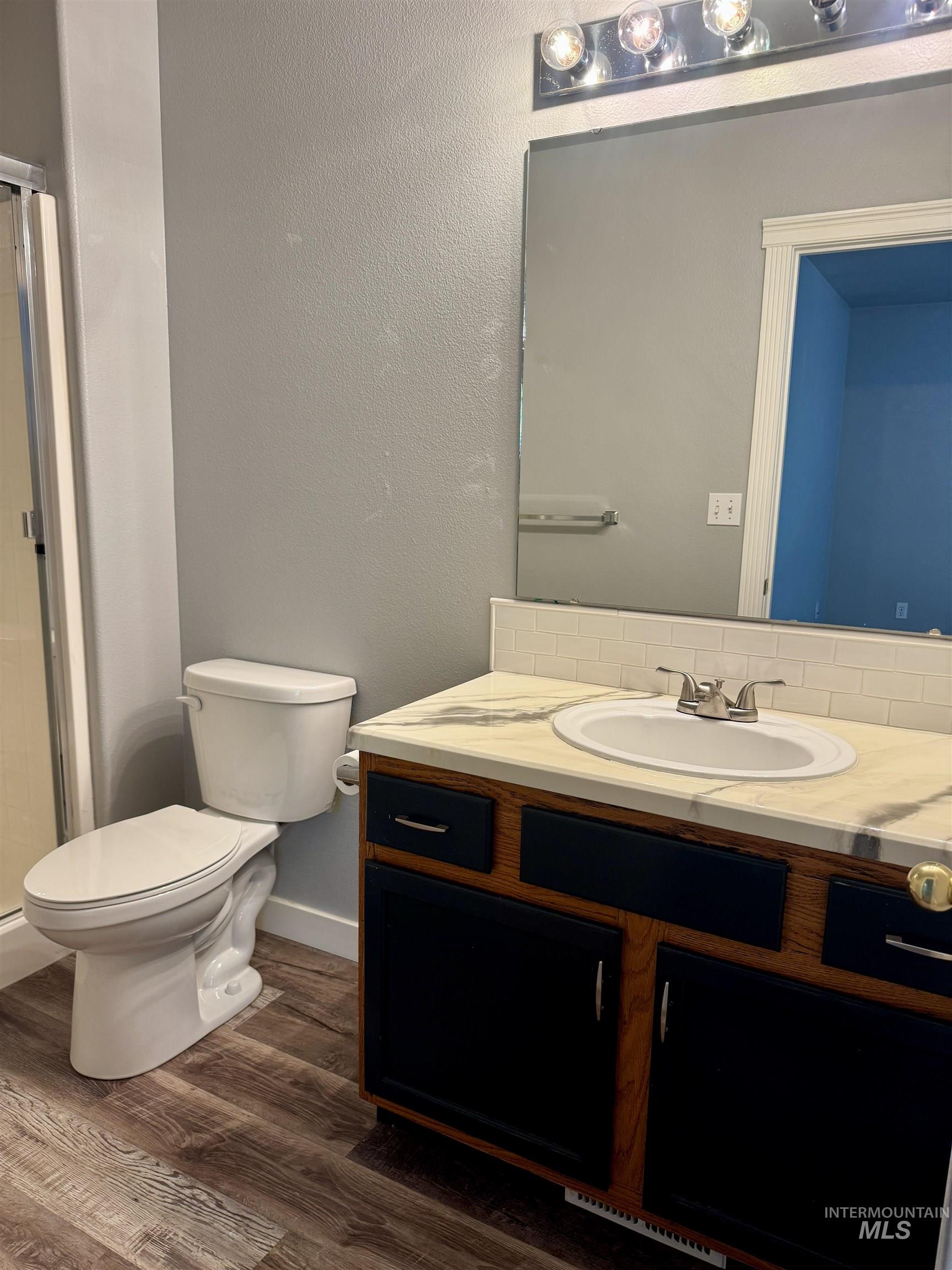 3203 South Capistrano Avenue Boise, ID 83705 - Photo 15 of 30 Bathroom featuring vanity, a textured wall, dark wood-type flooring, and a shower stall