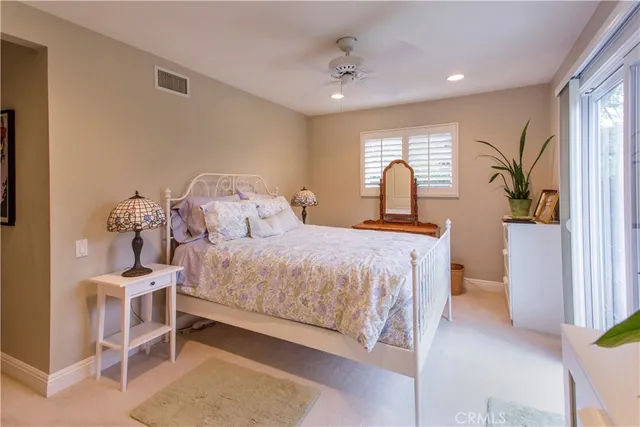 a bedroom with a bed and a painting on the wall