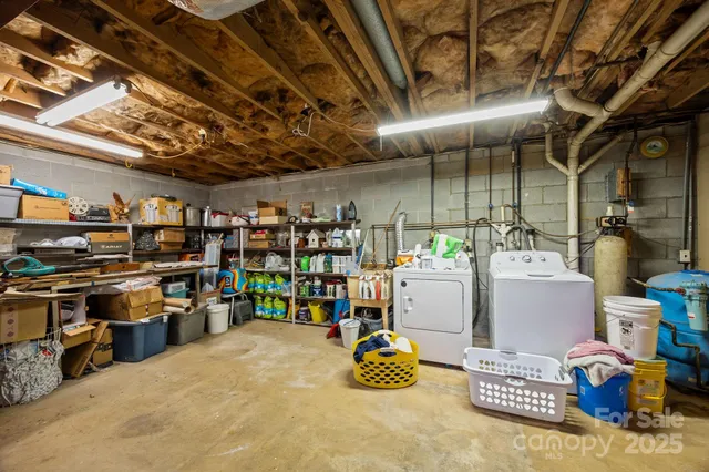 a view of a storage room with racks