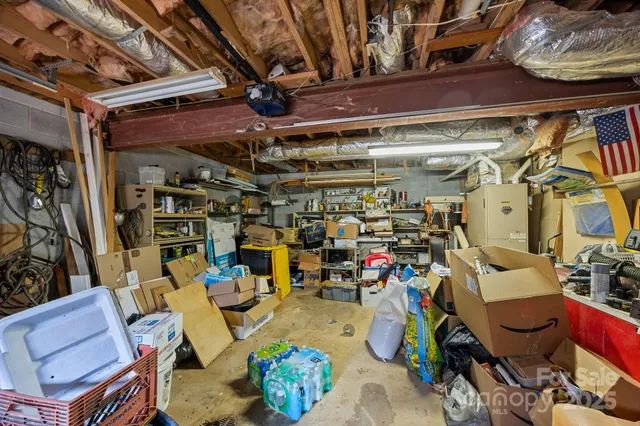 a view of a storage room with racks