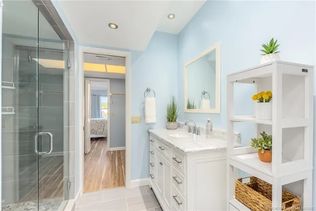 a view of a room with a door