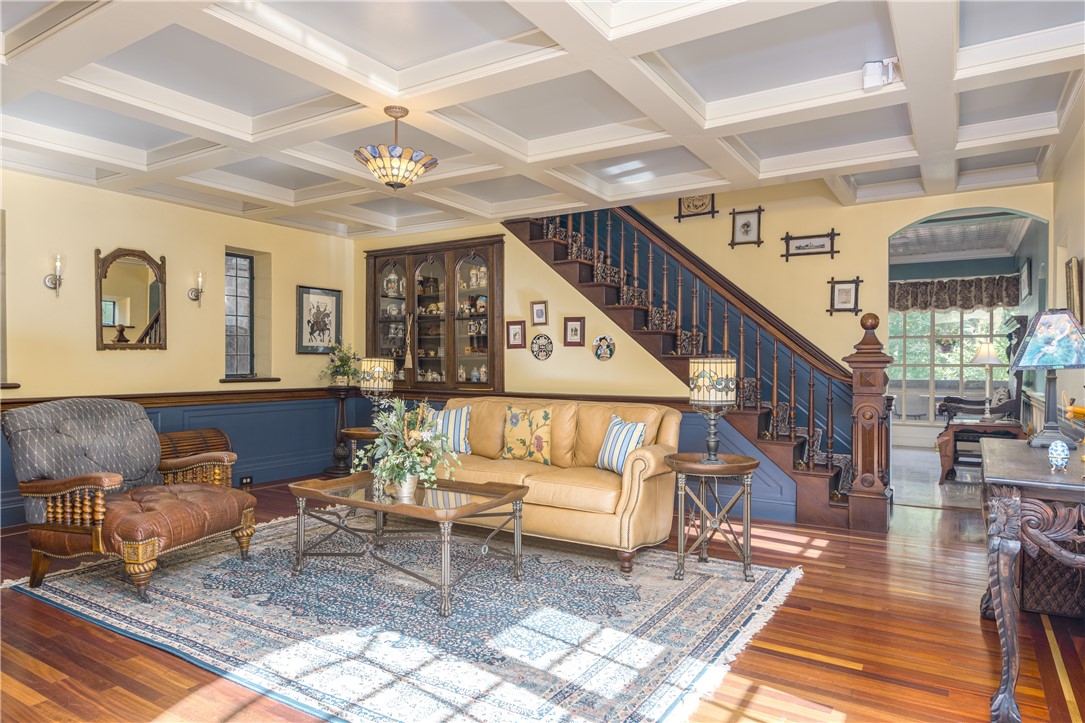 2550 Vineyard Road North Kingstown, RI 02874 - Photo 34 of 50 Coffered ceiling and cherry floors, reclaimed fireplace from England and staircase from NY Brownstone
