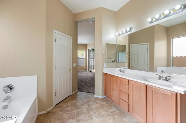 a bathroom with a tub a double vanity sink and mirror