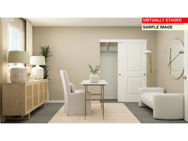 a living room with furniture and a table