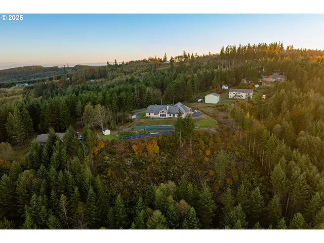 a aerial view of a house with a yard basket ball court and outdoor seating
