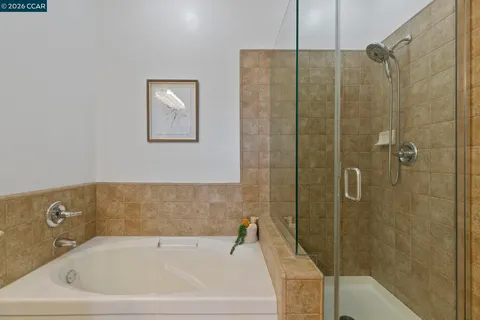 a bathroom with a tub and shower