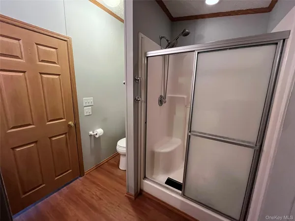 a view of bathroom with a glass door shower and toilet