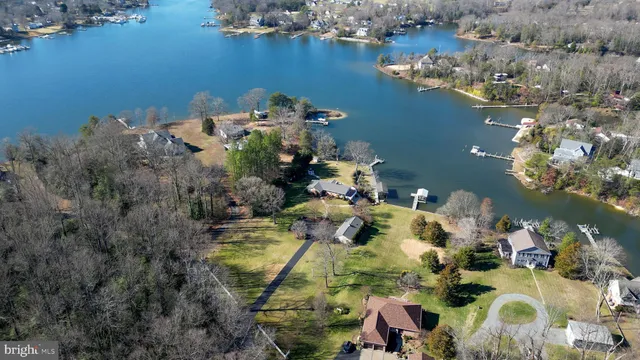 an aerial view of a house with a yard and large trees