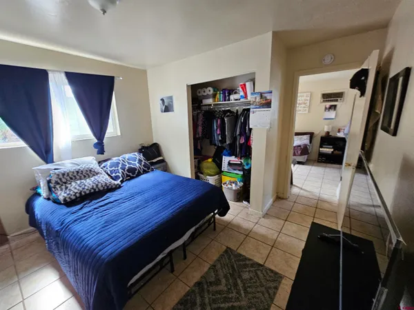 a bedroom with a bed and a walk in closet